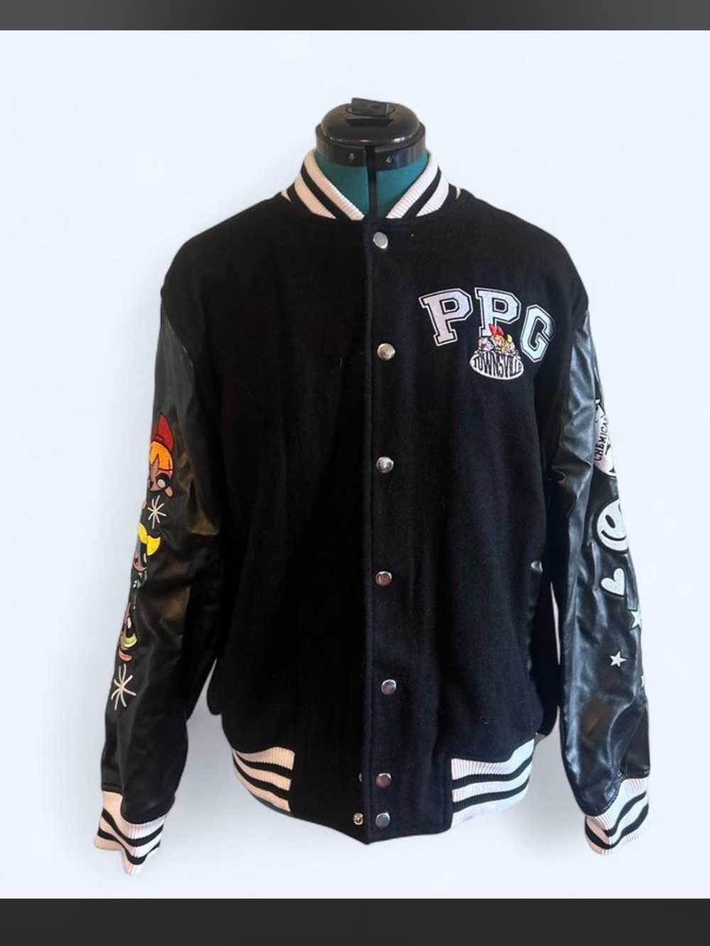 Women's Black Varsity Jacket with Graphic Sleeves